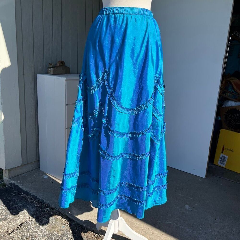 VTG 90s Indigo Moon Iridescent Blue Bias Cut Maxi Skirt Ruffle Trim SZ M